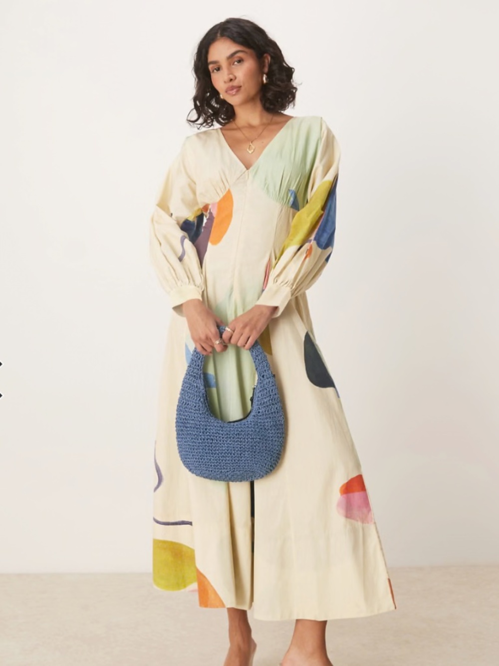 ASOS DESIGN Long Sleeve V Neck Poplin Maxi Dress With Print